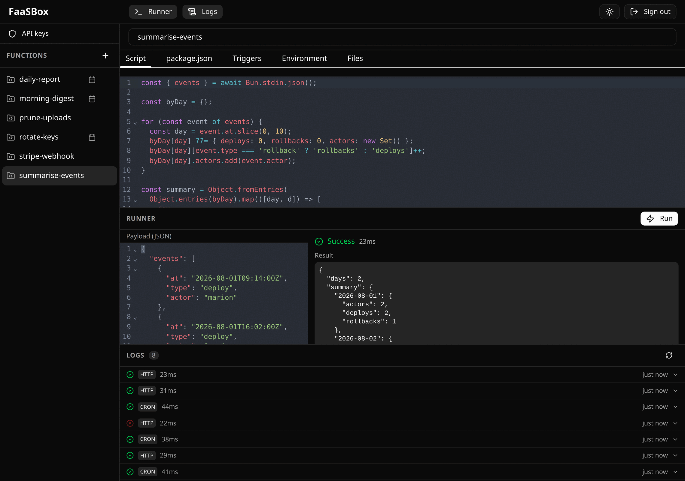 The FaaSBox editor: the function list, the five tabs of a function, its code, and the runner showing a successful run