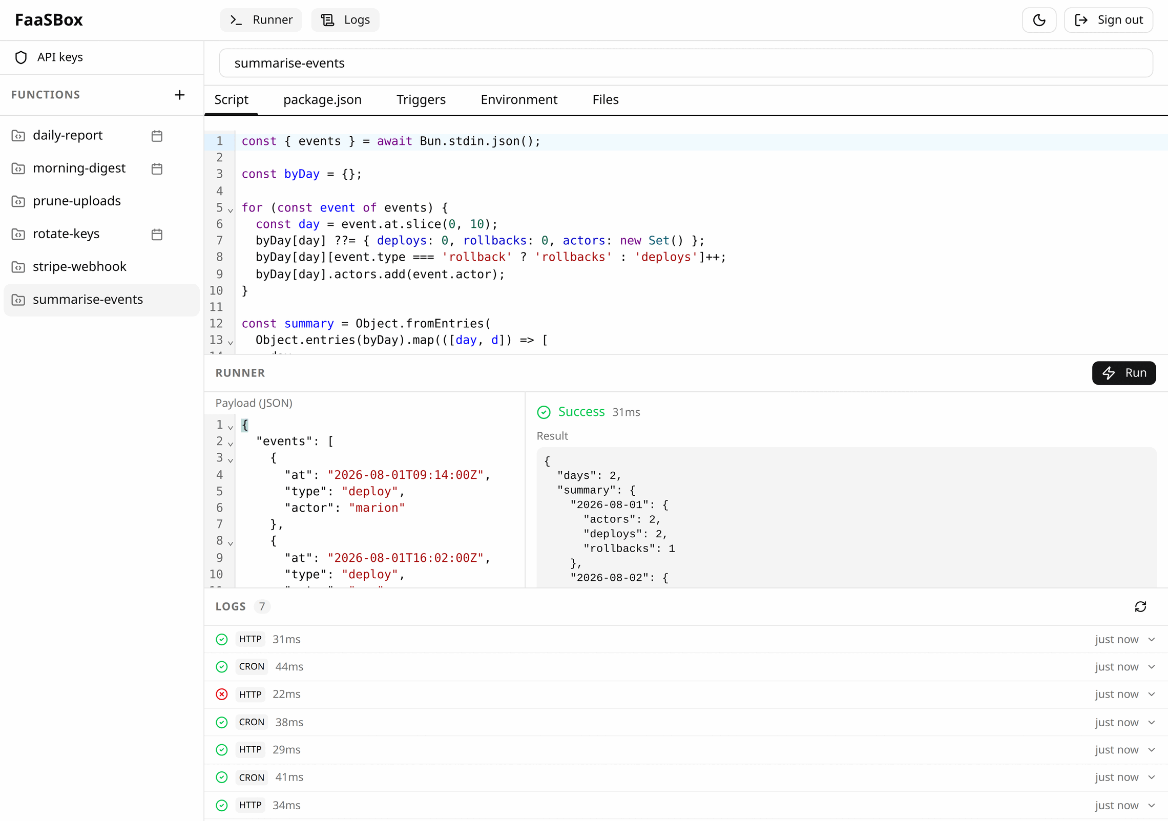 The FaaSBox editor: the function list, the five tabs of a function, its code, and the runner showing a successful run