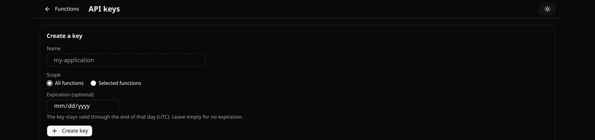 The API keys page, with the form that creates a key and sets its scope