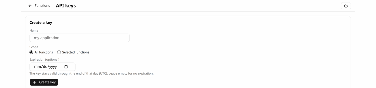 The API keys page, with the form that creates a key and sets its scope