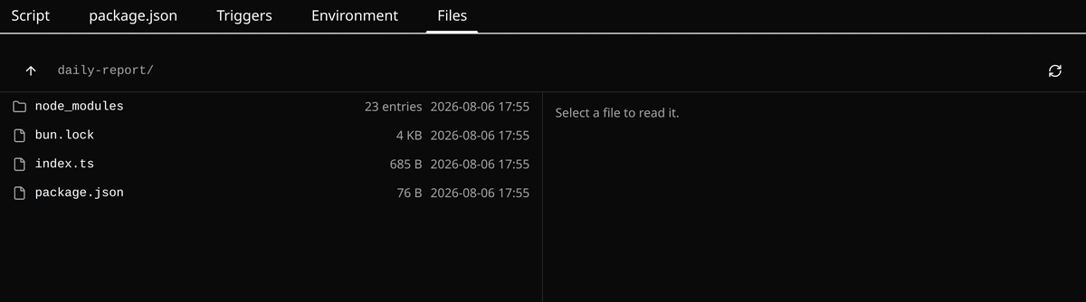 The Files tab of a function, listing its folder on disk