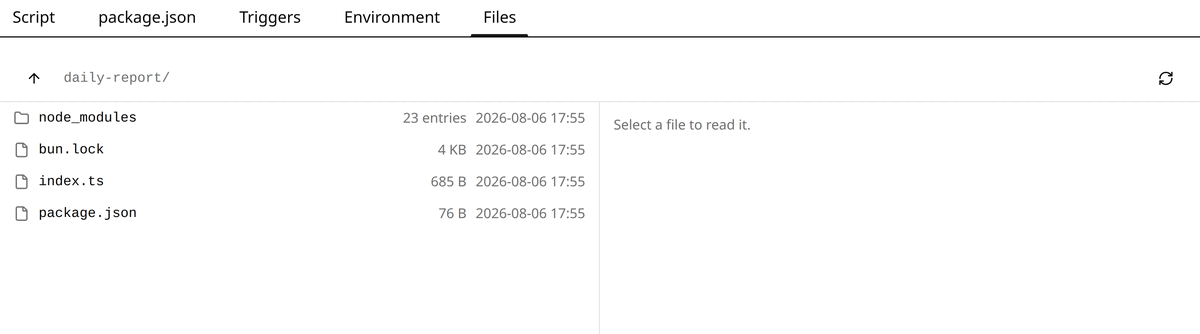 The Files tab of a function, listing its folder on disk