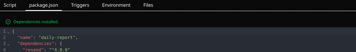 The package.json tab of a function, listing an npm dependency and showing its install state