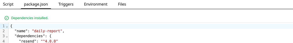 The package.json tab of a function, listing an npm dependency and showing its install state