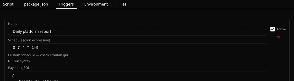The Triggers tab of a function, showing a schedule and its payload