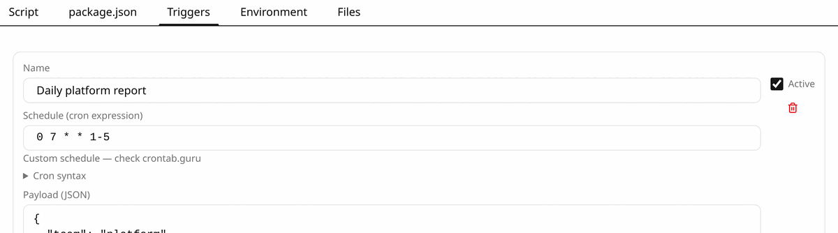 The Triggers tab of a function, showing a schedule and its payload
